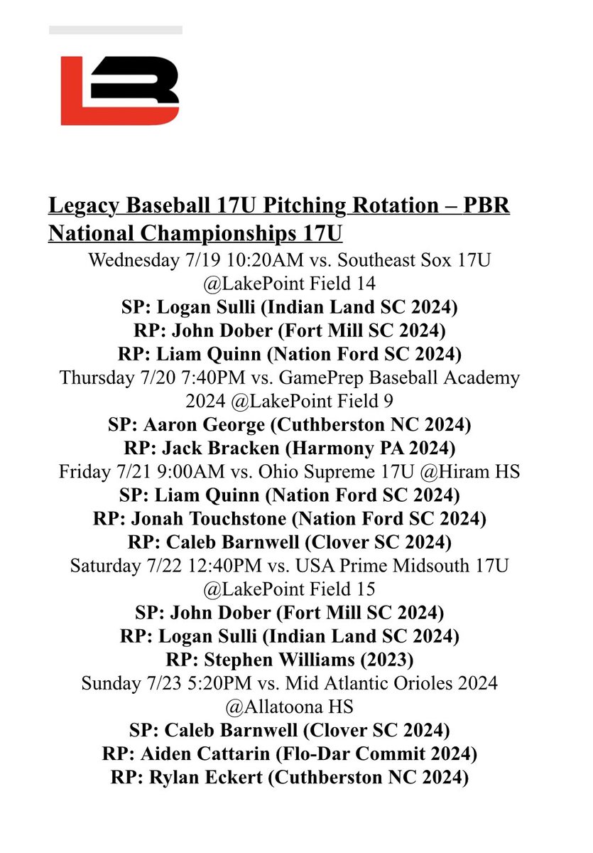 Legacy Baseball SC (@legacybaseball5) on Twitter photo 2024 Rotation for PBR Lakepoint starting this Wednesday <a href="/BradConnochie33/">Bradley Connochie</a> <a href="/JackBracken23/">Jack Bracken</a> <a href="/LiamQuinn_2024/">Liam Quinn</a> <a href="/JohnDober05/">John Dober</a> <a href="/LoganSulli2/">Logan Sulli</a> <a href="/CalebBarnwell3/">Caleb Barnwell</a> <a href="/J_Touchstone9/">Jonah Touchstone</a> <a href="/aarongeorge2020/">Aaron George</a> <a href="/rylaneckert9/">Rylan Eckert</a> <a href="/AidenCattarin/">Aiden Cattarin</a> 2024 Rotation for PBR Lakepoint starting this Wednesday <a href="/BradConnochie33/">Bradley Connochie</a> <a href="/JackBracken23/">Jack Bracken</a> <a href="/LiamQuinn_2024/">Liam Quinn</a> <a href="/JohnDober05/">John Dober</a> <a href="/LoganSulli2/">Logan Sulli</a> <a href="/CalebBarnwell3/">Caleb Barnwell</a> <a href="/J_Touchstone9/">Jonah Touchstone</a> <a href="/aarongeorge2020/">Aaron George</a> <a href="/rylaneckert9/">Rylan Eckert</a> <a href="/AidenCattarin/">Aiden Cattarin</a>