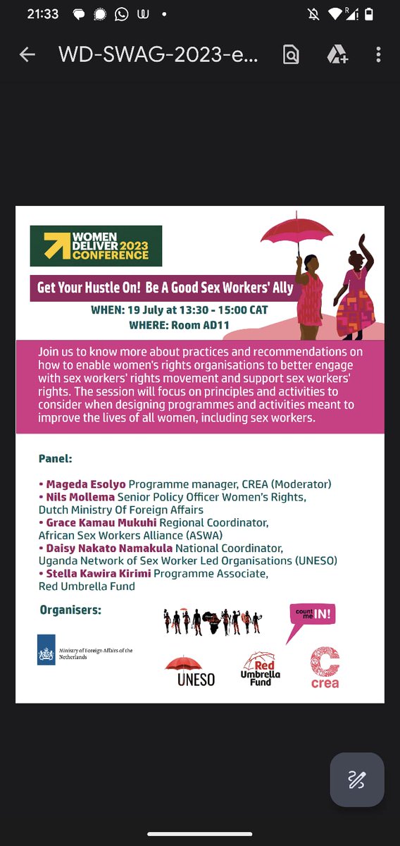 AfricaSexWork's tweet photo. Join us tomorrow at #WD2023 in Kigali as our Regional Coordinator will discuss about recommendations on how to enable women's rights organisations to engage with sex workers ' rights movement and support sex workers ' rights.
#ASWAatWomenDeliver
#WomenDeliver
#BeASexWorkerAlly https://t.co/wIuoGn4yTS