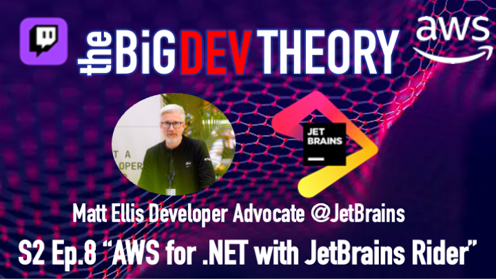 Getting ready for another #TheBigDevTheory with <a href="/citizenmatt/">Matt Ellis</a> from <a href="/jetbrains/">JetBrains</a> today!

We'll take a look at how we can use #JetBrains Rider as a .NET IDE for working with #AWS tooling

Come join us 11:00 ET / 08:00 PT / 16:00 BST twitch.tv/aws/