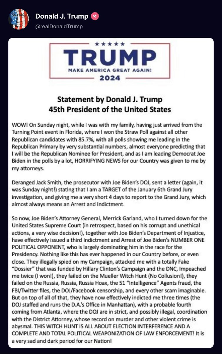 BREAKING: You don’t have to read the rant.

Highlights:

- As promised, he got his target letter

- J6 indictments are coming

Buckle up.
