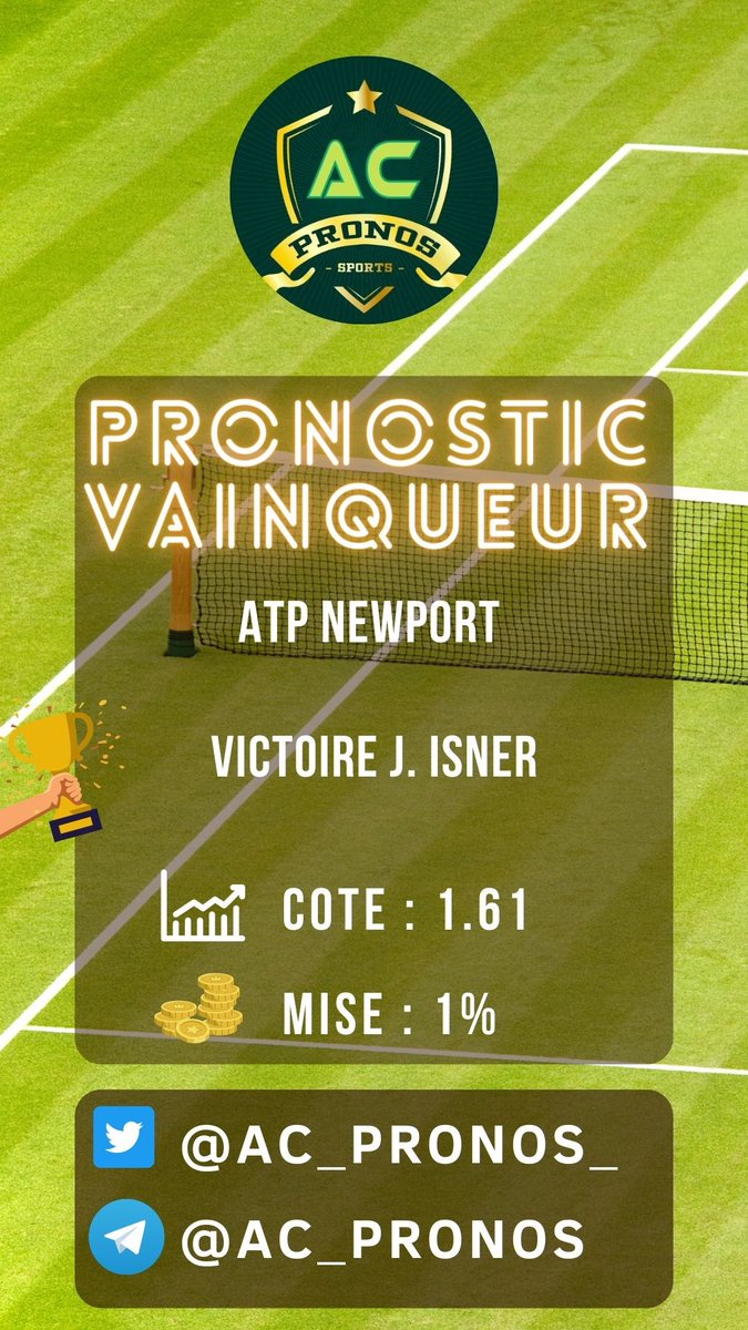 AC_PRONOS_'s tweet photo. 📆 18.07.2023
🗣 Direction Newport pour le pronostic du jour. Dernier tournoi sur gazon de la saison.
7️⃣ PRONOSTICS sont postés sur mon groupe Télégram !
♥️ & ♻️ si tu suis !
#ACPRONOS #betting #TeamParieur #ATPNewport #Tennispicks https://t.co/AD18b4cDUu