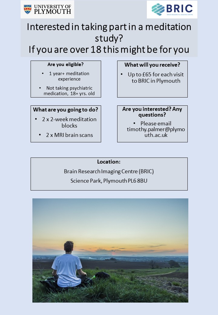 Meditators needed for fMRI brain imaging study at BRIC in Plymouth, please see poster attached. Email timothy.palmer@plymouth.ac.uk for details and to register interest. #meditation #neuroscience <a href="/PlymUni/">University of Plymouth</a> <a href="/BrainBric/">Brain Research & Imaging Centre (BRIC)</a>