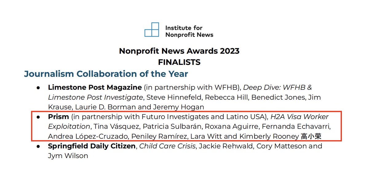 So proud of the @fuhinvestigates, @LatinoUSA & @prismreports teams!! We are finalists for the @INN awards for best collaboration, for our #HeadDown investigation about abuses under the H-2A visa program. @TheTinaVasquez @Fer_Echavarri @patsulbaran @lopezcruzado @roxy_aguirre