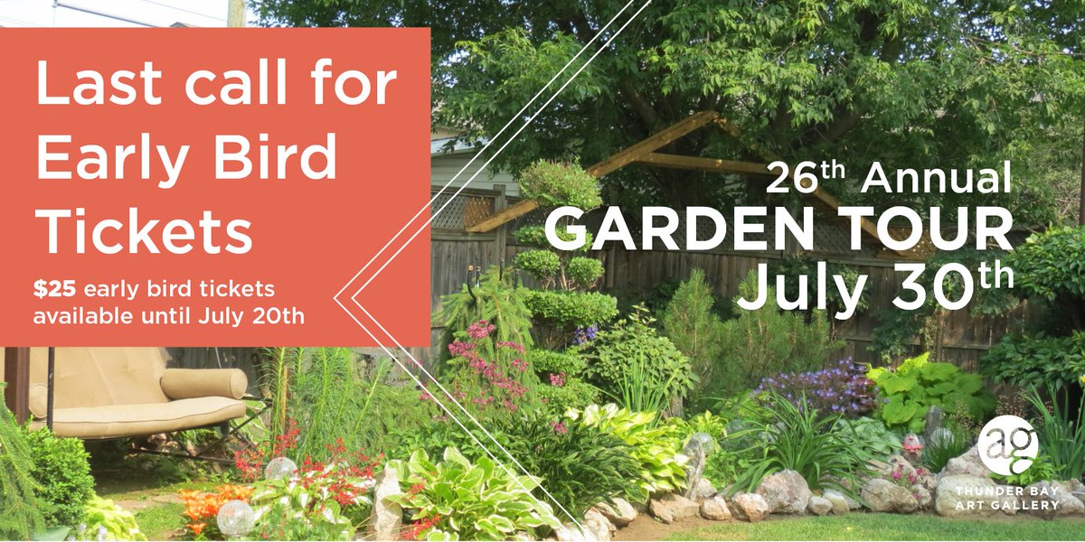 🌻Don't miss your chance to purchase early bird tickets to the Thunder Bay Art Gallery's 26th Annual Garden Tour! Early bird sale ends this Friday, July 20th.🌼 Tickets are available in person at the Thunder Bay Art Gallery, Landale Gardens, and Vaillant Florist.