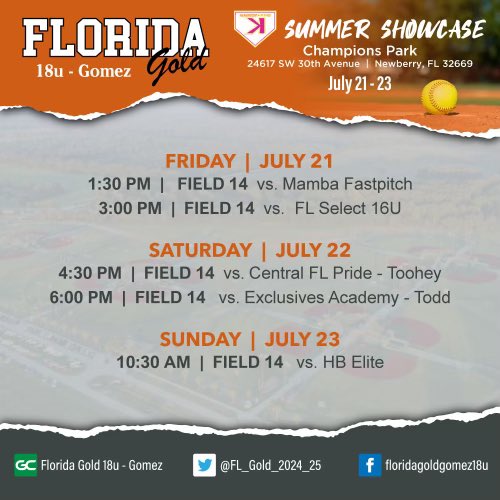 Back on the road this weekend, Florida Gold Gomez will  showcase their talents at the Backwards K Summer Showcase at Champions Park in Newberry, Florida!  Come check us out! #GOLDALLDAY !!!