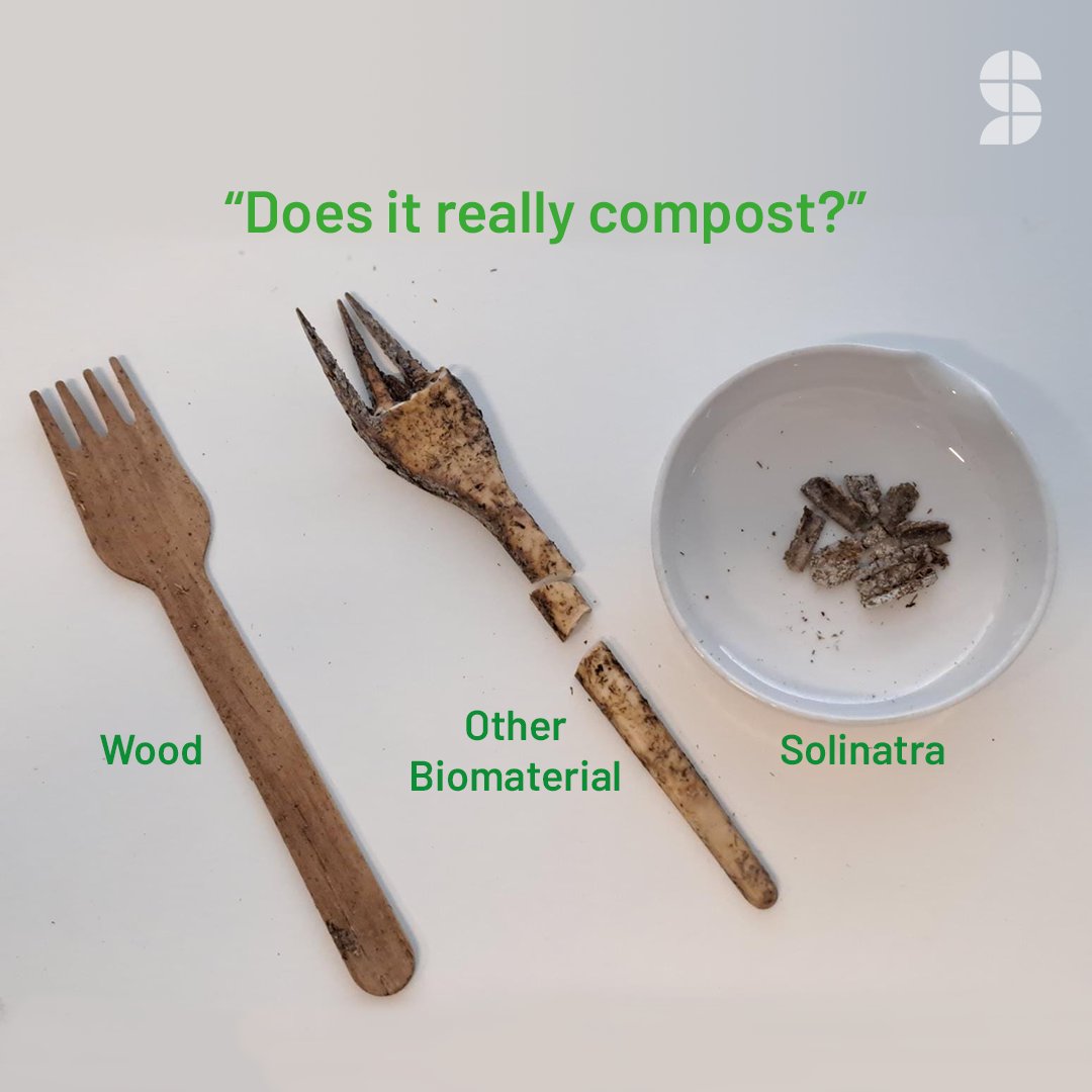 "Does it really compost?" 

This image shows what remains of cutlery after 45 days in a simulated industrial composting test. 

The biomaterial fork shows greater degradation than the wood, but only crumbs remain of the fork made of Solinatra! 

#PlasticFreeJuly #Solinatra