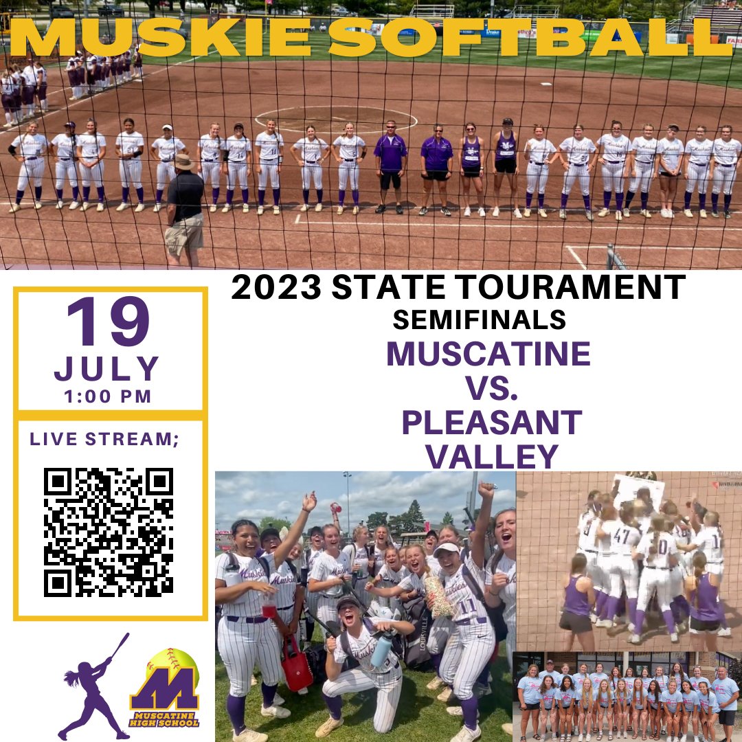 MuscatineCSD's tweet photo. TOMORROW (07/19)! @SoftballMuskie takes on PV in the semifinals at the state tournament! You can live-stream the game via the link below. Let's #GoMuskies! 

Stream; https://t.co/I0GwykSaGx

#MuskieSoftball #MuskieSchools #MuscatineCommunitySchoolDistrict @MuskieActivitie https://t.co/kHTcU9ivVX