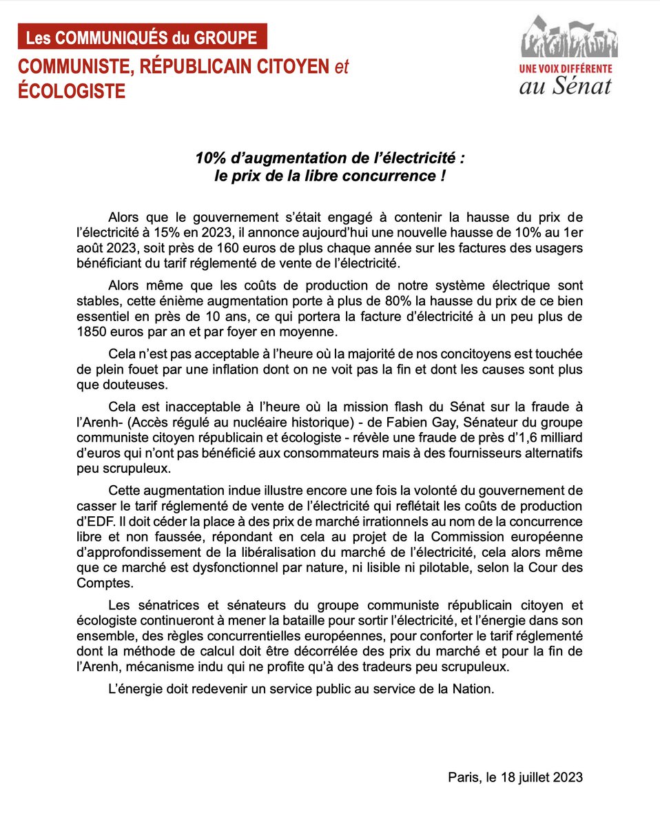 senateursCRCE's tweet photo. Les prix de l'électricité vont augmenter de 10 % au 1er août ! Soit une hausse en moyenne de 150 € par an par foyer. Le prix à payer pour la libre concurrence. Vite, sortir l'énergie des mécanismes de concurrence européenne.
Le CP ↩️ https://t.co/9jIgQXMZej
