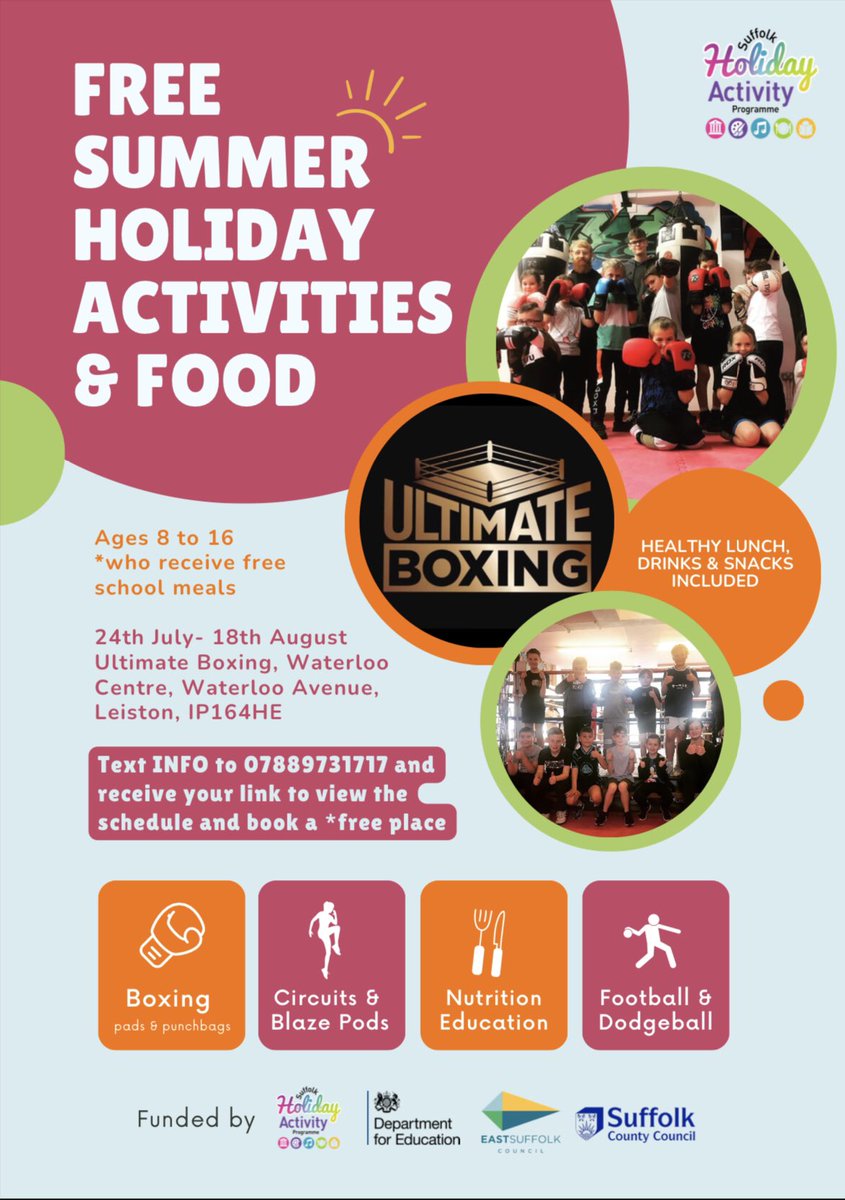 Ultimate Boxing (@ultimate_boxing) on Twitter photo Info & booking link for LEISTON eequ.org/experience/4061
❤️🥊🏀⚽️🍏🍐🥦🍌🍉🥪
Could we get a retweet for the free holiday activity & food programme #Leiston please?
<a href="/aldevalley/">Alde Valley Academy</a> <a href="/SnapeSchool/">Snape Primary School</a> <a href="/LeistonSchool/">Leiston Primary School</a> <a href="/leistonfc/">Leiston FC</a> <a href="/LeistonTog/">LeistonTogether</a> <a href="/LeistonFilm/">Leiston Film Theatre</a> <a href="/ESMBiz/">EastSuffolkMeansBusiness</a> <a href="/EastSuffolk/">East Suffolk Council</a> <a href="/eastsuffolkone/">East Suffolk One Radio</a> Info & booking link for LEISTON eequ.org/experience/4061
❤️🥊🏀⚽️🍏🍐🥦🍌🍉🥪
Could we get a retweet for the free holiday activity & food programme #Leiston please?
<a href="/aldevalley/">Alde Valley Academy</a> <a href="/SnapeSchool/">Snape Primary School</a> <a href="/LeistonSchool/">Leiston Primary School</a> <a href="/leistonfc/">Leiston FC</a> <a href="/LeistonTog/">LeistonTogether</a> <a href="/LeistonFilm/">Leiston Film Theatre</a> <a href="/ESMBiz/">EastSuffolkMeansBusiness</a> <a href="/EastSuffolk/">East Suffolk Council</a> <a href="/eastsuffolkone/">East Suffolk One Radio</a>