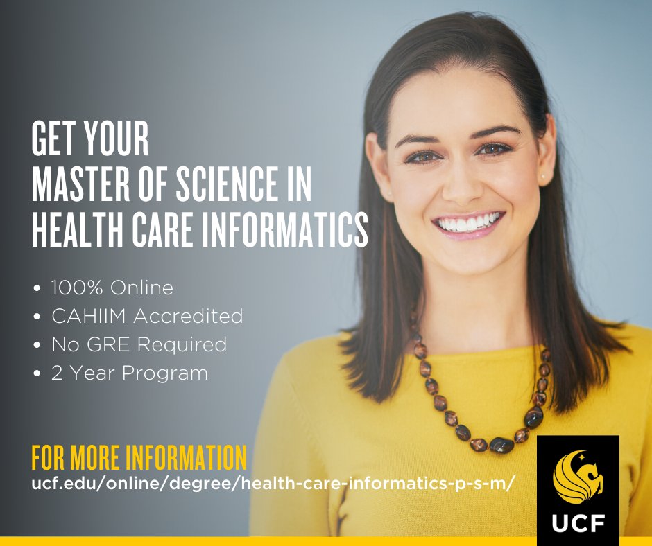 CNFLHIMSS's tweet photo. Ready to elevate your career to the next level and earn your M.S. in Healthcare Informatics from UCF? Our fully online, CAHIIM-accredited program makes fulfilling your goals convenient and affordable. We’re currently accepting applications for spring 2023!

#UCF #ApplyNow https://t.co/IOJssXBrSr
