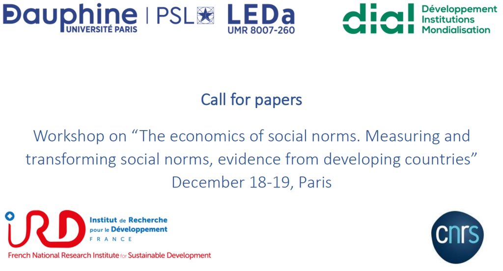 The workshop on “The Economics of Social norms” will take place at <a href="/Paris_Dauphine/">Université Paris Dauphine - PSL</a> on December 18-19 with <a href="/YanagizawaD/">D. Yanagizawa-Drott</a> as our first confirmed keynote speaker!
You will find all the necessary information and the call for papers here: dial.ird.fr/recherche/call…
Deadline: September 29!