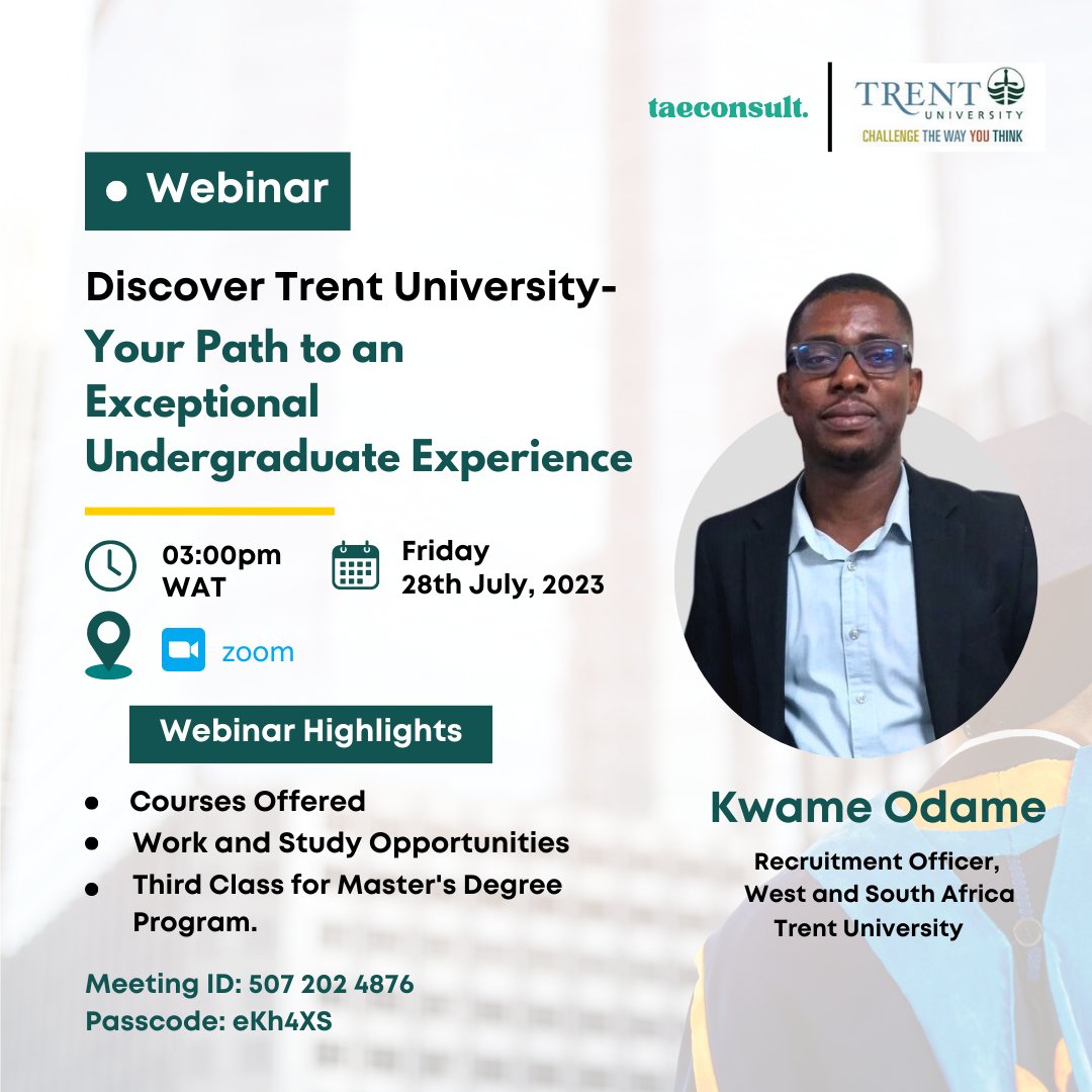 With a diverse student body and a wide range of programs. Trent offers a unique and enriching educational experience.

Don’t miss the webinar, Come and explore the many opportunities Trent University has to offer.
#studyabroad #trentuniversity #educationincanada #education