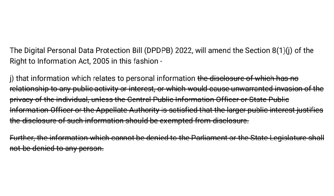 #RTI alert ! Digital Personal Data Protection Bill has many problematic provisions, failing in its stated purpose, while it actually fundamentally undermines #transparency and the #RightToInformation through the amendment shown below. #SaveRTI . Insist on public consultation