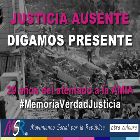 MSRepublica's tweet photo. Seguiremos pidiendo #Justicia mientras sea una deuda no resuelta para las 85 víctimas y sus familias.
#AMIA #JusticiaAusente #DigamosPresente
Por #MemoriaVerdadJusticia a 29 años del atentado. https://t.co/gl8u2Yk4rg