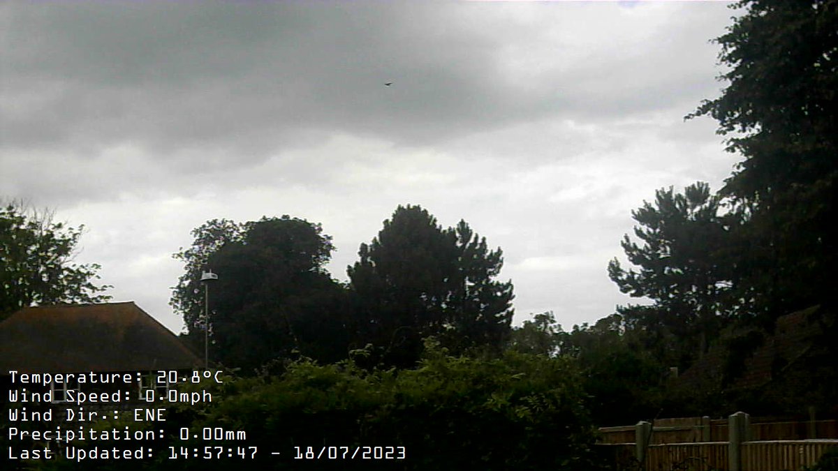 Report at 15:00 Wind:NE at av. 2mph, max gust today 11.5mph at 13:20Temp:20.8CMax today:21.4C at 14:23 Min today: 11.2C at 05:16 Baro:1016.9mb FallingRain Today:  0.0mm Fcst: increasing clouds and warmer, precipitation possible within 12 to 24 hrs, windy.