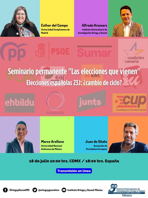 Alfredo Kramarz (@alfredokramarz) on Twitter photo ¿Quieres compartir análisis sobre el impacto de las #Elecciones23J en la vida democrática de España?
Gracias a mis compañeros del <a href="/ortegaygassetmx/">Ortega y Gasset México</a> por invitarme a participar en esta conversación. Con <a href="/estherdelcampus/">Esther del Campo</a>, <a href="/juandeonate/">Juan de Oñate</a> y <a href="/marellano7/">Marco Arellano Toledo</a>. Horario: 10h 🇲🇽 18h 🇪🇸 ¿Quieres compartir análisis sobre el impacto de las #Elecciones23J en la vida democrática de España?
Gracias a mis compañeros del <a href="/ortegaygassetmx/">Ortega y Gasset México</a> por invitarme a participar en esta conversación. Con <a href="/estherdelcampus/">Esther del Campo</a>, <a href="/juandeonate/">Juan de Oñate</a> y <a href="/marellano7/">Marco Arellano Toledo</a>. Horario: 10h 🇲🇽 18h 🇪🇸
