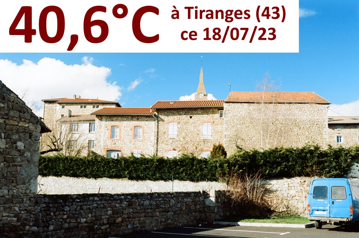 Meteovilles's tweet photo. 🌡 Le pic de #canicule de ce mardi 18 juillet 2023 est surtout remarquable sur les stations situées en altitude, qui enregistrent des records ! Par exemple, on mesure 40,6°C à #Tiranges en #HauteLoire à 600 mètres d'altitude !