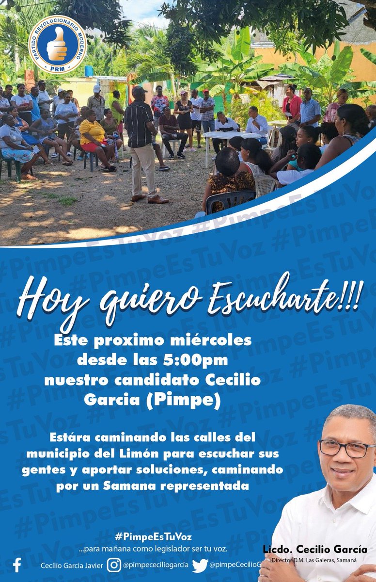 PimpeEsTuVOZ's tweet photo. #PIMPEesTuVOZ Hemos sido atacado por todos los lados de nuestra campaña,  pero estamos acá,  para seguir trabajando por los mejores intereses de #Samana y el país #RepublicaDominica 
🗓  Miercoles ⏰ 5:00 pm #MunicipioElLimon https://t.co/kDrUDSvqs6
