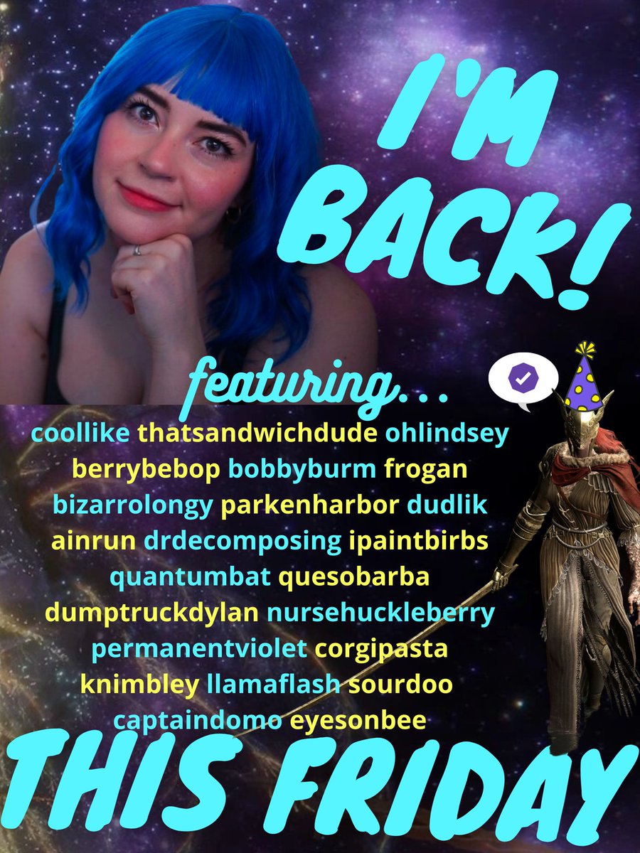 JessicaBoddy's tweet image. JennAquarius is SO BACK! 💙✨

She'll interview these incredible creators THIS FRIDAY to celebrate my one-year Twitch Partnerversary. 

Oh yeah, and she'll do her first playthrough of Elden Ring AT THE SAME TIME - all remembrances, bitch. 

Please come backseat her!! SHE NEEDS IT