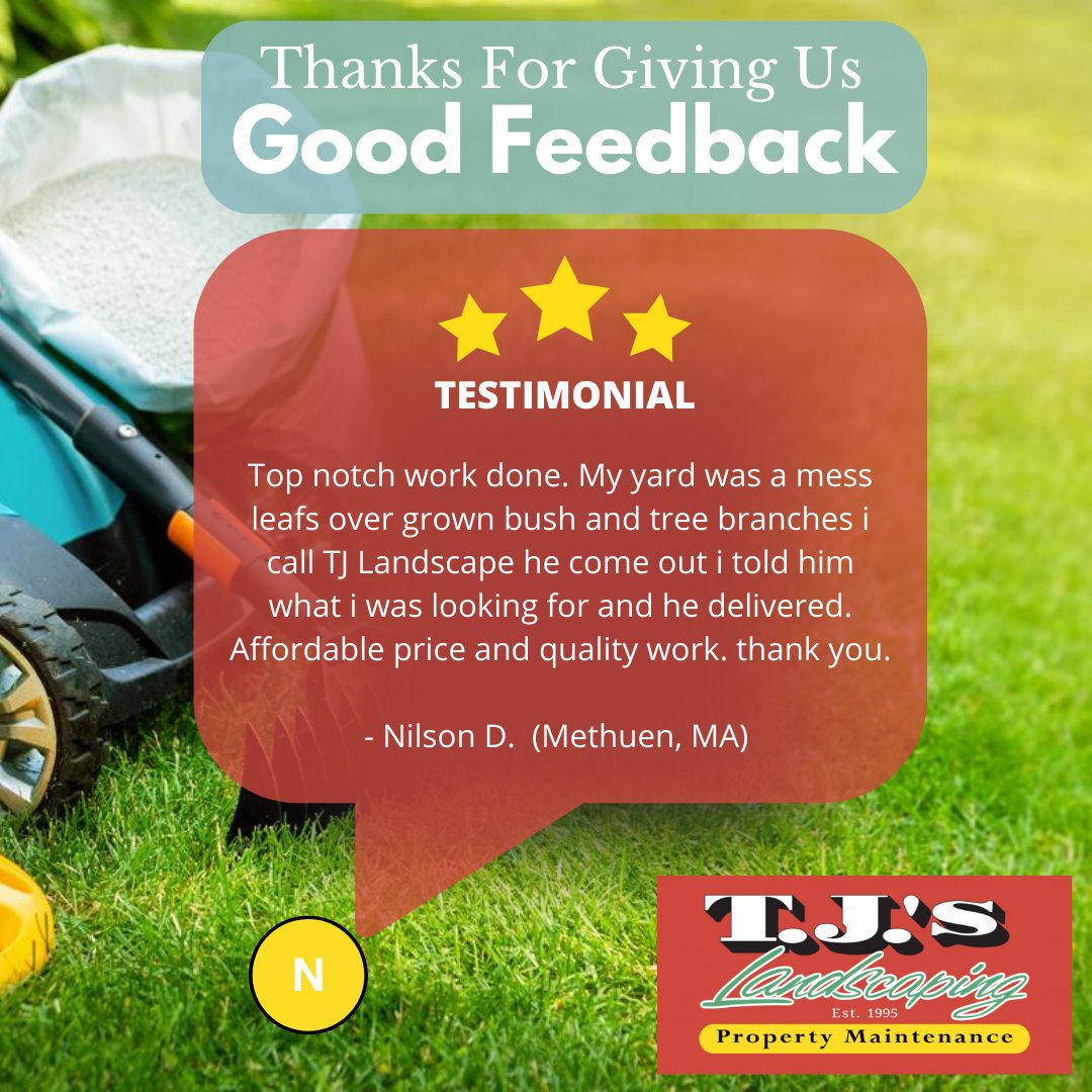 tj_maintenance's tweet photo. Exciting news! Our top priority is your happiness! Get ready for the upcoming season with a little help from T.J's Landscaping and Property Maintenance. Your positive feedback truly touches our hearts. 🌷💚

For any questions or inquiries, feel free to reach us at 978-738-0692. https://t.co/DV4qGyWLoP
