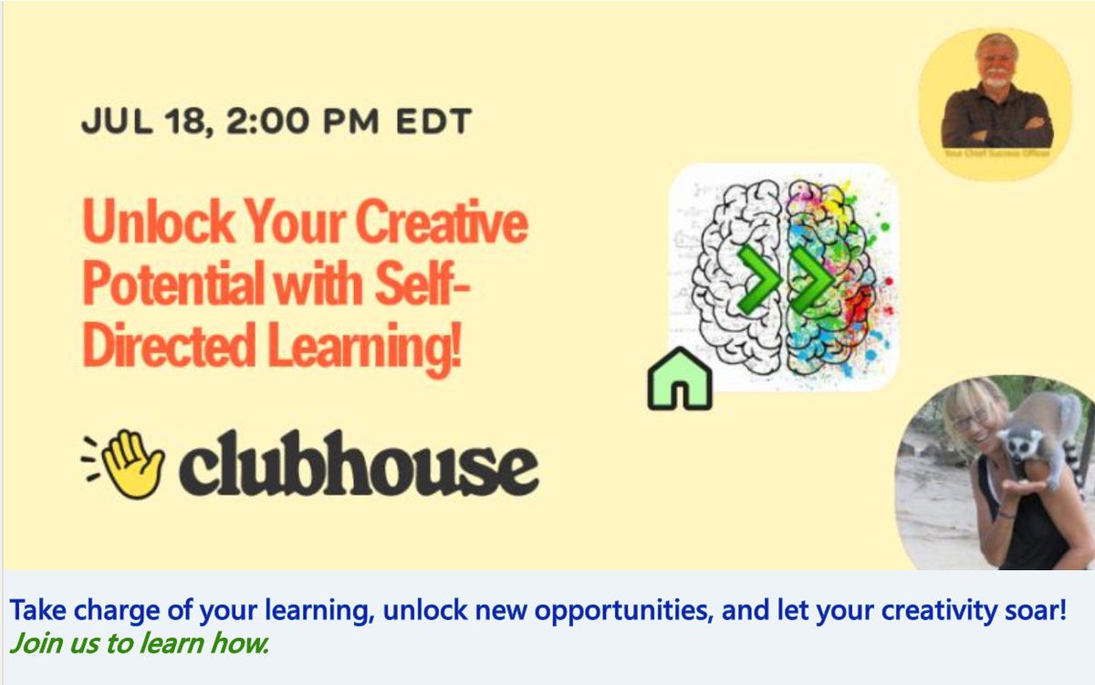 WebDevigner2's tweet photo. Unlock Your Creative Potential with Self-Directed Learning! w/ Keith Engelhardt Tues, Jul 18 at 2:00 PM EDT in #clubhouse https://t.co/P3bfhTrRot
#creativity #creative #potential #success #creator #yourbrainshift #personalgrowth #learning #career https://t.co/pzHO7d0LdF