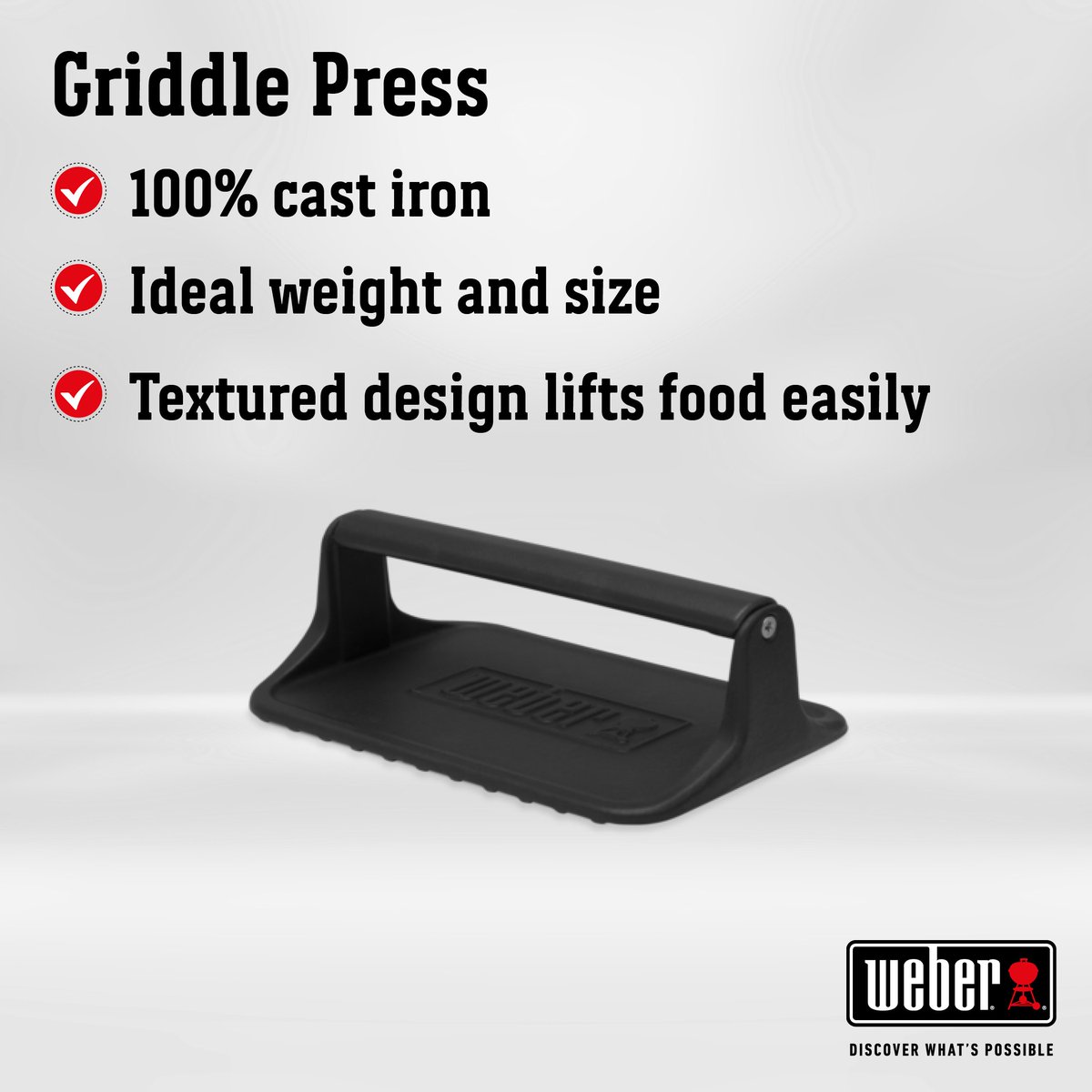 📢 NEW product alert!

Keep your bacon from curling, your paninis crispy and your burgers smashed with the NEW Griddle Press:

#weberbraaisa #grilldespitethechill #discoverwhatspossible #griddlepress #bacon #paninis #burgers #alert #new #newproductrange