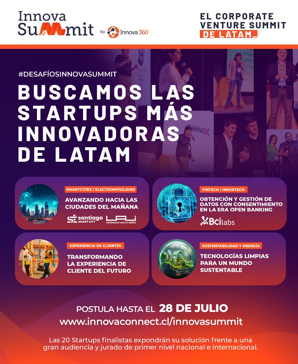 ¡Atención Startups! 📣 

Tu solución puede ser una de las 20 finalistas de los 4 desafíos de innovación abierta en #InnovaSummit 2023 este 30 y 31 de agosto, organizado por <a href="/Innova360cl/">Innova360</a>. 

Postula en: bit.ly/3O9DYdp
Fecha límite: 28 de julio 🕐