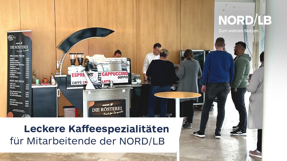 nord_lb's tweet photo. Der Kaffee aus den Heißgetränkeautomaten ist bei der NORD/LB in Hannover seit einiger Zeit für alle Mitarbeitenden kostenlos. ☕️

Jetzt haben wir zusätzlich eine mobile #KaffeeBar, an der es leckere #Kaffeespezialitäten und süße Snacks zum kleinen Preis gibt.

#nordlb #benefits https://t.co/y5aZZU4PVs