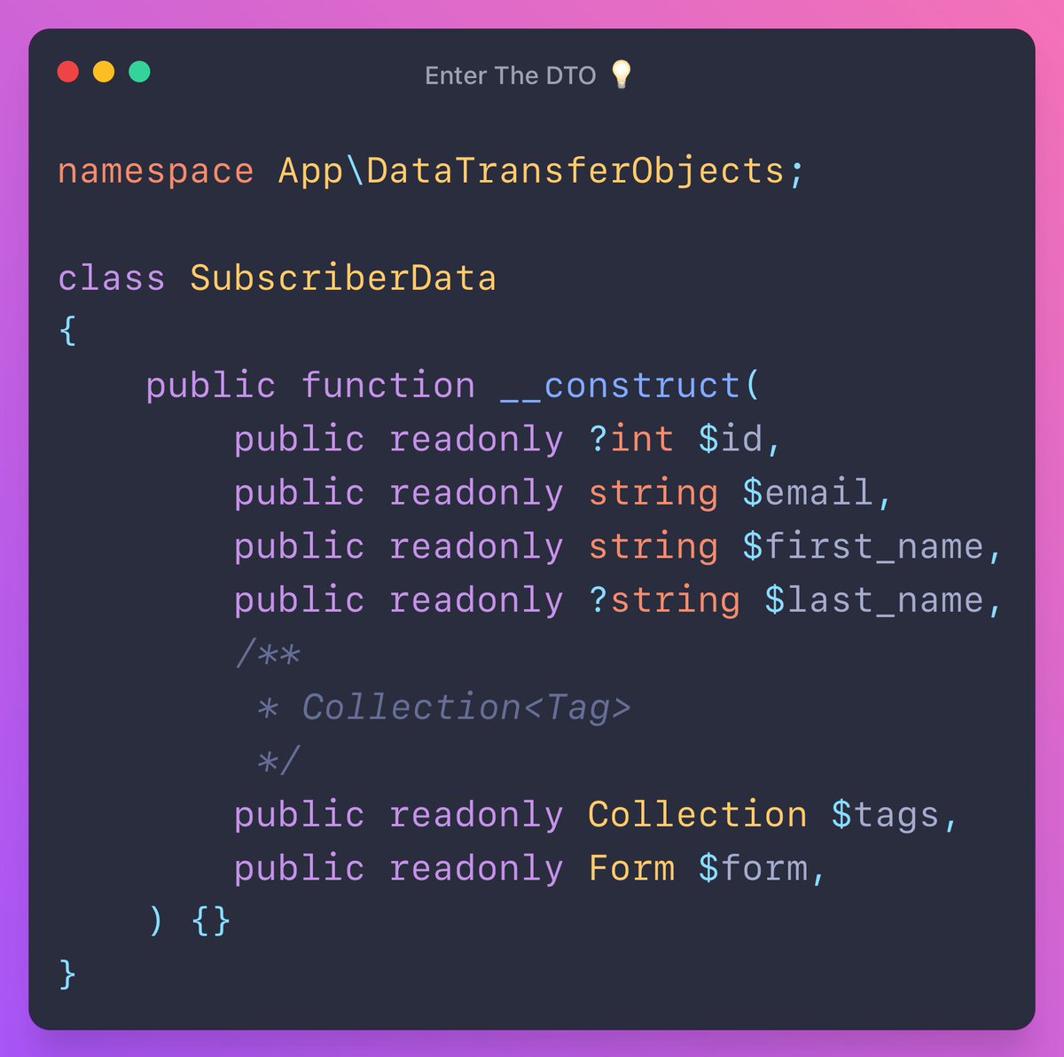 🔥 This is a DTO or Data Transfer Object from the Domain-Driven Design world.

It helps you:

- Get rid of random arrays
- Structure your unstructured data
- Type-hints everywhere!

🧵Keep Reading
