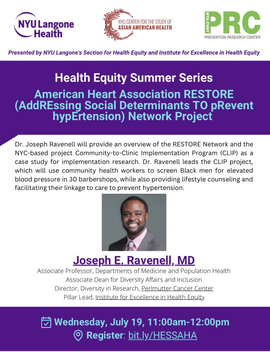 Join us tomorrow for our next Health Equity Summer series with our medical education co-lead Dr. Joseph Ravenell! Register: bit.ly/3CQzF0e
