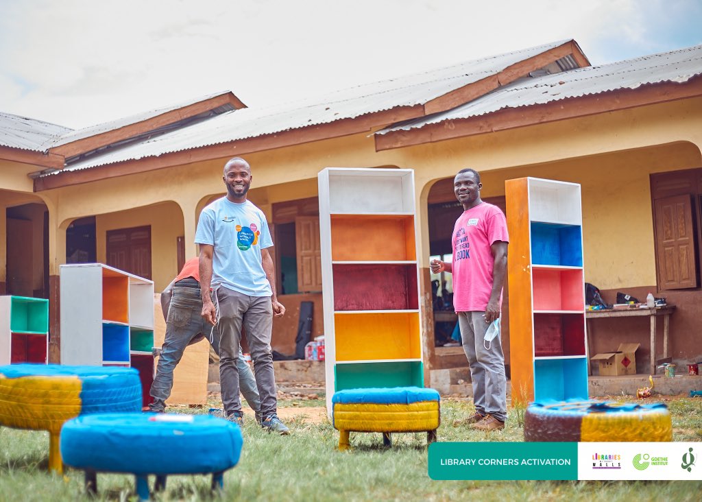 lwwgh's tweet image. Students from our partner school Stages Academy in Ayikuma, Ghana made chairs for our Library Corner from discarded car tyres and ropes. We are ready for the green revolution. We are a #greenlibrary.