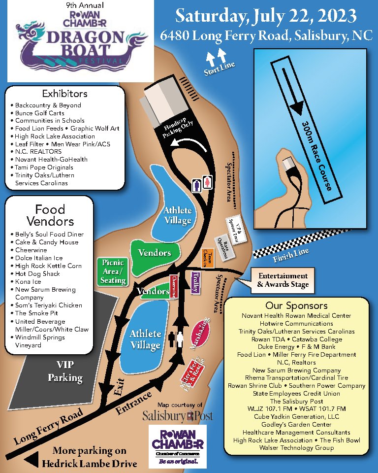 The 2023 Rowan Chamber Dragon Boat Festival Map is here!  We have over 31 teams racing this year and 28 vendors &amp; exhibitors!  See you Saturday on High Rock Lake!