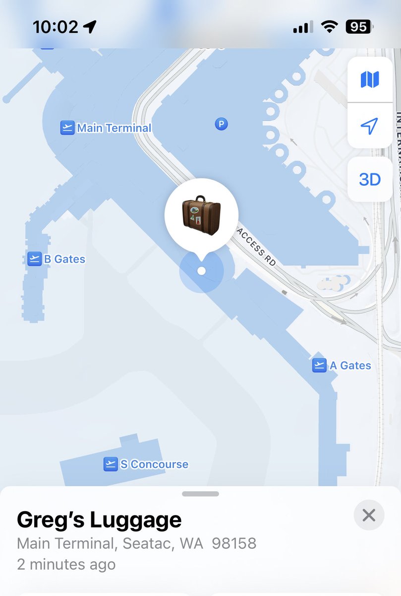 GregAuld's tweet photo. Hey @SouthwestAir, would ya’ mind calling the SEA baggage folks to get my luggage moving?  My AirTag shows it just sitting there more than 24 hours after dropping it off.  Can you please start it toward BWI?  DM me for details.  Thx. https://t.co/Z2QhHvkR0I