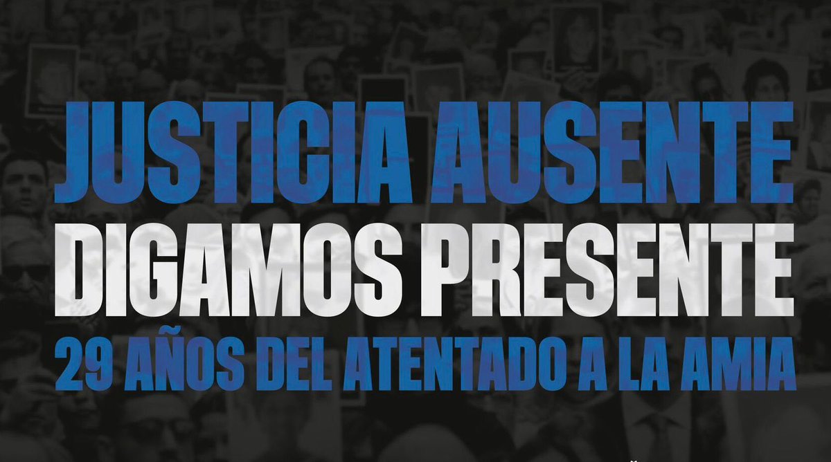Robergmoritan's tweet photo. 85 víctimas fatales, cientos de heridos, familias devastadas y ni un solo responsable detenido. A 29 años del atentado terrorista a la AMIA, seguimos exigiendo verdad y justicia. La justicia que no da respuestas, no es justicia, es complicidad.
#DigamosPresente #AMIA29años https://t.co/AlWeXBZ2iu