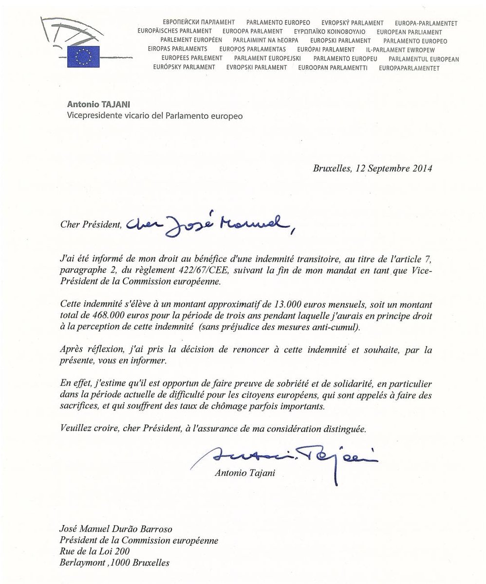 Per i lavoratori si lotta non con la retorica, ma con i fatti concreti. Ecco la lettera con la quale ho rinunciato a 468mila€ di indennità transitoria da Commissario europeo per lasciarli ai cittadini in difficoltà a causa della crisi economica.