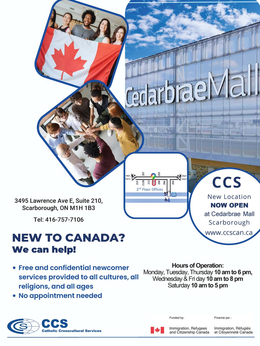 🇨🇦 NEW TO CANADA? We're here to help! Free settlement services, multilingual support, info sessions, youth programs, & diversity training. Join us at our NEW LOCATION Cedarbrae Mall, Suite 210! #SettlementServices #CommunitySupport #newcomerservices #NewToCanada #Scarborough