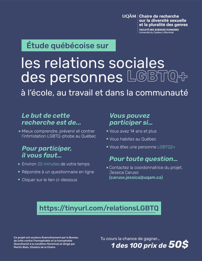 RECRUTEMENT La @chairedspg dirigée par Martin Blais @UQAM, recherche des répondant.e.s pour un sondage (±20min) dans le cadre d'une étude visant à mieux comprendre, prévenir et contrer l’intimidation LGBTQ-phobe au Québec.🏳️‍🌈🏳️‍⚧️ 📌Pour participer : bit.ly/46O4SPp #LGBTQ