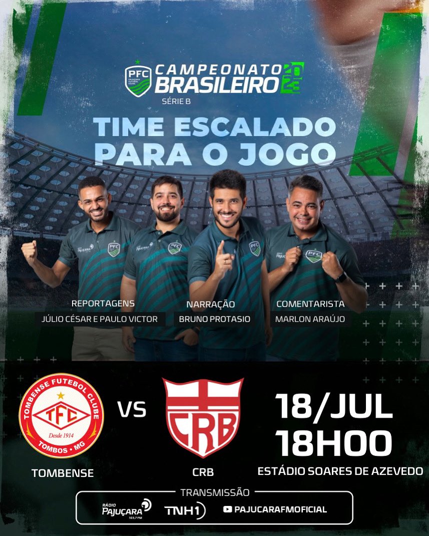 Hoje é dia de Galo! 🔴⚽️

🗓️ Anota aí: Nossa jornada esportiva começa às 17h30 e logo em seguida, às 18h, tem mais um show de transmissão dessa partida entre Tombense x CRB, com os craques do PFC! 

#Brasileirao #SerieB #CRB #Tombense
