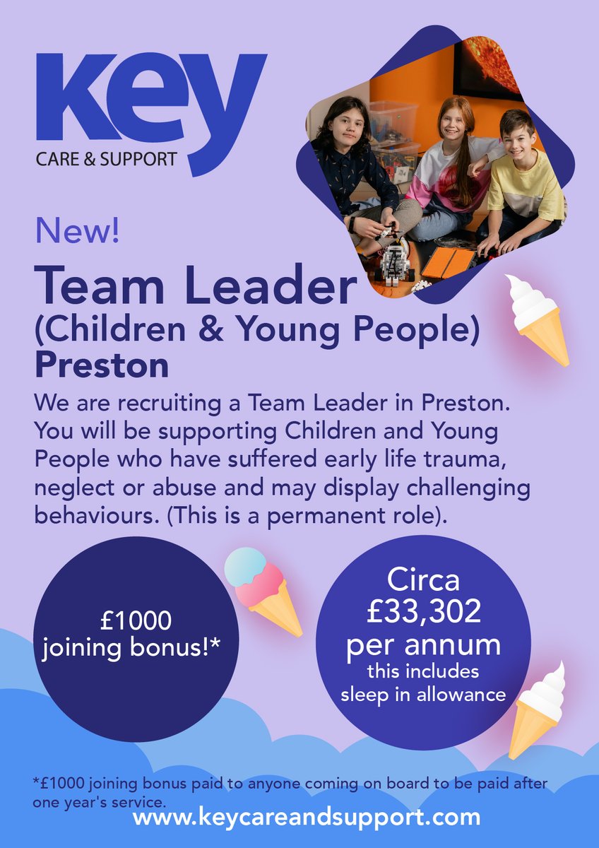 #prestonjobs #Lancashire #teamleader
@JCPinLancashire We have a permanent role for a Team Leader (Children & Young People) in Preston. Salary - Circa £33,302 this includes sleep in allowance. Apply here:
keycareandsupport.com/jobs/team-lead…