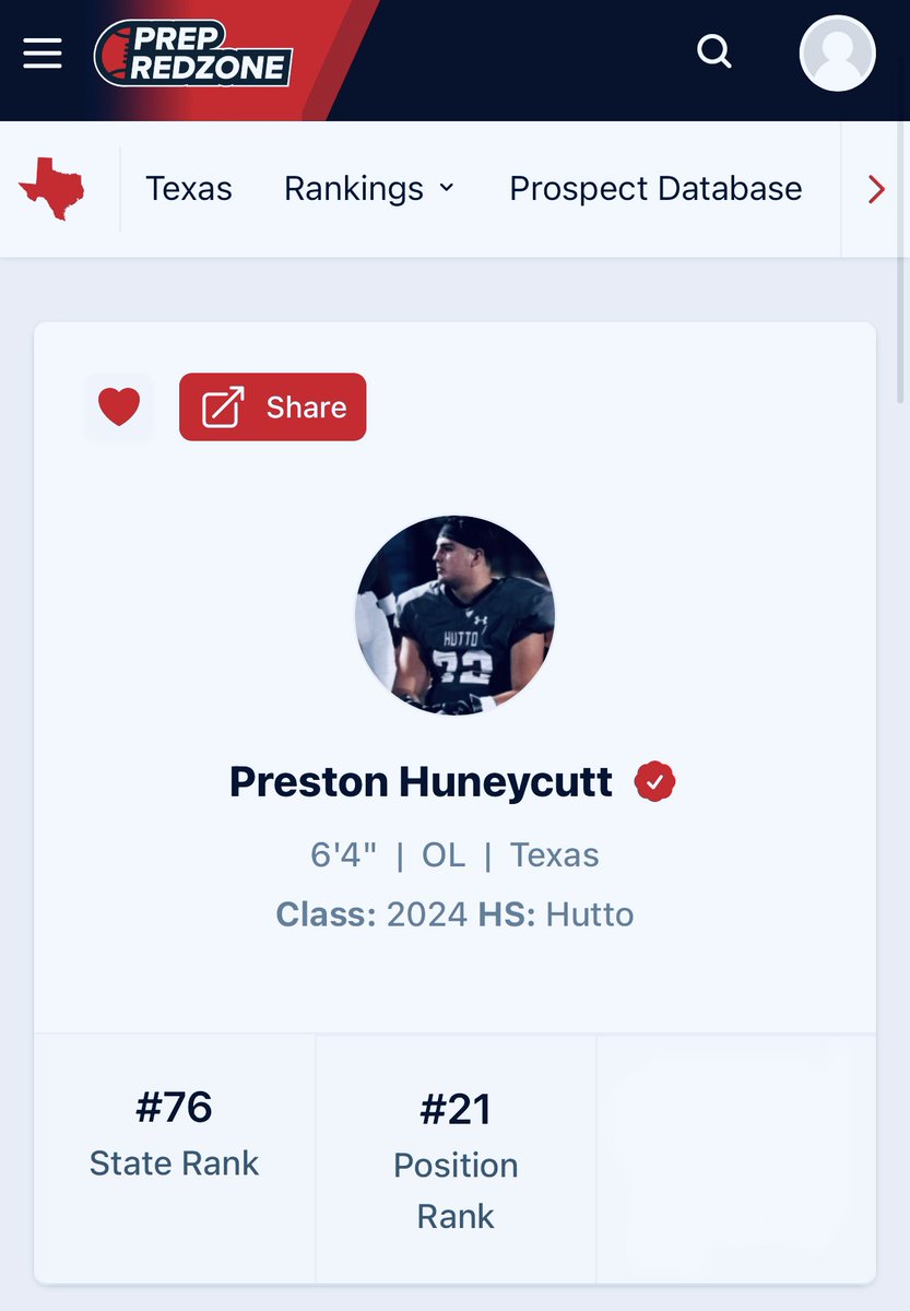 Preston Huneycutt (@prestonhuneycu2) on Twitter photo Blessed to be ranked as one of the top 100 players in the state of Texas and the 21st ranked offensive lineman. Senior year loading…… I’m coming for it all!! <a href="/PrepRedzoneTX/">Prep Redzone Texas</a> <a href="/PrepRedzone/">Prep Redzone 🏈</a> <a href="/COACHGRANT6/">COACH GRANT (National Scout)</a> <a href="/OnPurpose_WP/">Dr. T.Will- The Cognitive Coach-Prep RedZone Scout</a> <a href="/HuttoHS_Fball/">Hutto Football</a> <a href="/huttohippo/">Hippo Nation</a> <a href="/CoachWCompton/">CoachComp</a> <a href="/GRIT_FIT_/">Luke Hurtado 🦍🧠</a> Blessed to be ranked as one of the top 100 players in the state of Texas and the 21st ranked offensive lineman. Senior year loading…… I’m coming for it all!! <a href="/PrepRedzoneTX/">Prep Redzone Texas</a> <a href="/PrepRedzone/">Prep Redzone 🏈</a> <a href="/COACHGRANT6/">COACH GRANT (National Scout)</a> <a href="/OnPurpose_WP/">Dr. T.Will- The Cognitive Coach-Prep RedZone Scout</a> <a href="/HuttoHS_Fball/">Hutto Football</a> <a href="/huttohippo/">Hippo Nation</a> <a href="/CoachWCompton/">CoachComp</a> <a href="/GRIT_FIT_/">Luke Hurtado 🦍🧠</a>