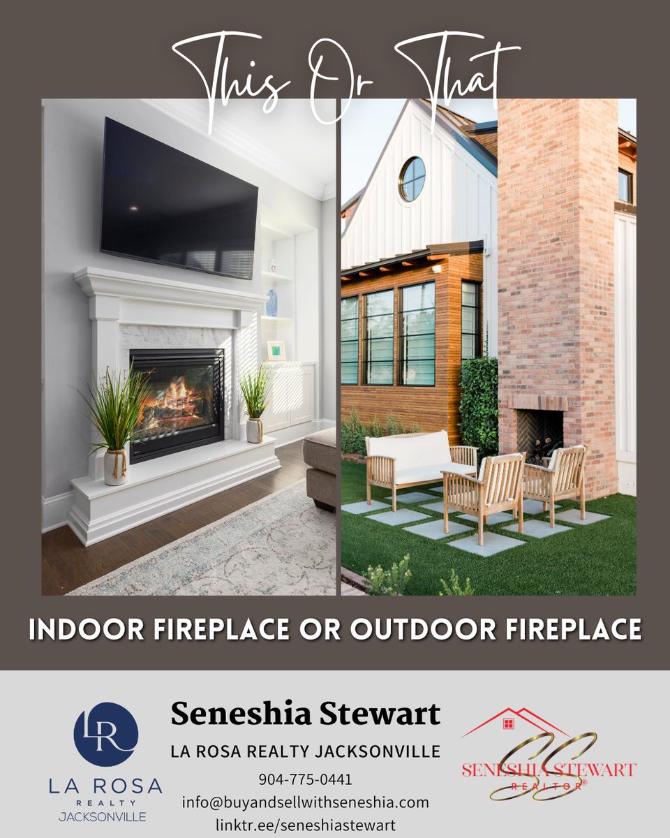 Would you rather have an indoor fireplace or an outdoor fireplace? Comment below why you chose your choice!

#fireplace #indoorfireplace #outdoorfireplace #outdoorpatio #thisorthat #questionprompt #cozyhome #larosarealtyjacksonville #womeninrealestate #floridarealtor