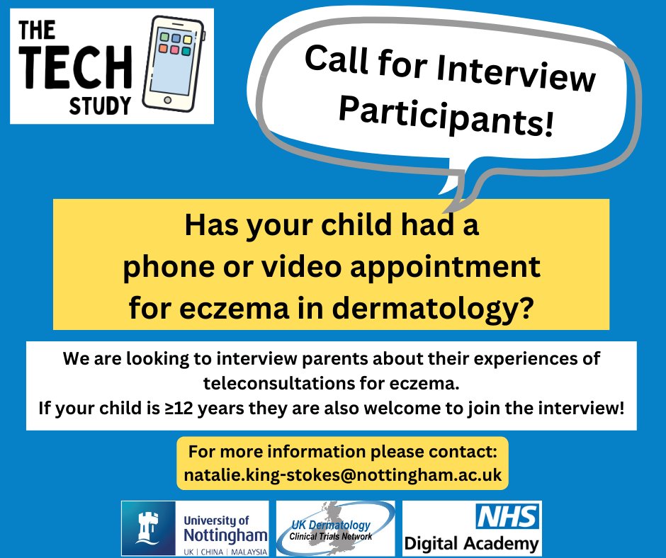 Eczema Outreach Support (@eczemaoutreach) on Twitter photo The TECH Study are looking for people to talk about teleconsultations for paediatric eczema.
Are you a parent and have had a phone or video dermatology appointment for your child's eczema? We'd love to hear from you.
For more info: natalie.king-stokes@nottingham.ac.uk The TECH Study are looking for people to talk about teleconsultations for paediatric eczema.
Are you a parent and have had a phone or video dermatology appointment for your child's eczema? We'd love to hear from you.
For more info: natalie.king-stokes@nottingham.ac.uk