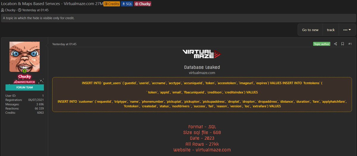 FalconFeedsio's tweet photo. A user in a hackers forum allegedly claims to have leaked the database from VirtualMaze (https://t.co/H0EXPiXHMh). The claimed data is 6 GB in size and contains 27M rows of name, email, phone number, address, etc.
#India
#VirtualMaze #databreach #cyberrisk https://t.co/h2VPwORjTI