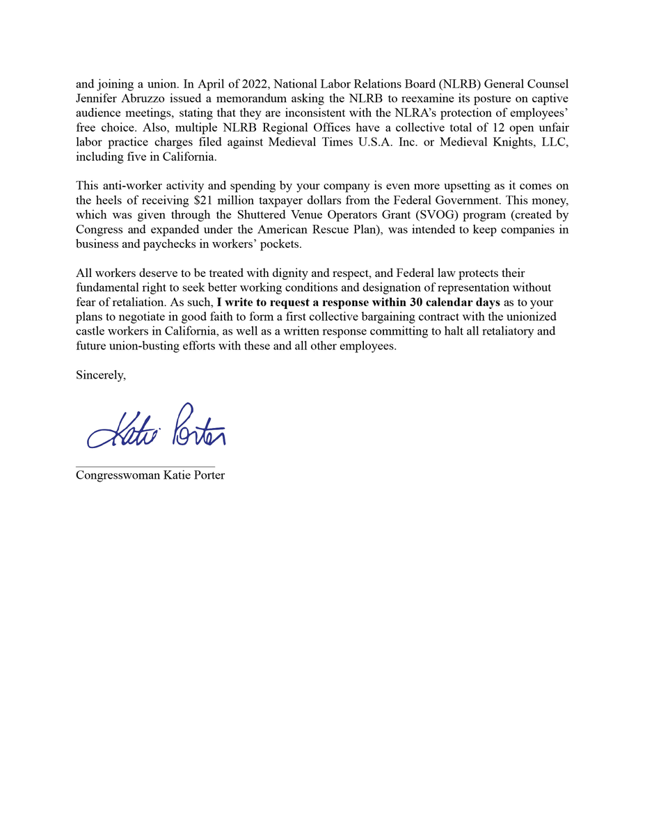 All workers should be treated with dignity and respect. I'm alarmed by reports that <a href="/MedievalTimes/">Medieval Times</a> is attempting to bust newly-formed unions at their Buena Park, CA location. Today, I wrote directly to the CEO to demand answers and urge the company to negotiate in good faith ⬇️