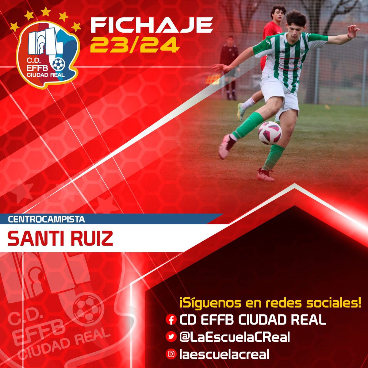 EFFB Ciudad Real (@laescuelacreal) on Twitter photo 📣 𝐎𝐅𝐈𝐂𝐈𝐀𝐋
Santi Ruiz nuevo jugador de @laescuelacreal para la temporada 2023/2024 procedente del <a href="/cdbolanego/">C.D.Bolañego</a> juvenil preferente.
¡Bienvenido a @laescuelacreal!
¡Qué ganas de verte de 🔴!
#SomosDeNacional
#CorazonRojo❤️ 📣 𝐎𝐅𝐈𝐂𝐈𝐀𝐋
Santi Ruiz nuevo jugador de @laescuelacreal para la temporada 2023/2024 procedente del <a href="/cdbolanego/">C.D.Bolañego</a> juvenil preferente.
¡Bienvenido a @laescuelacreal!
¡Qué ganas de verte de 🔴!
#SomosDeNacional
#CorazonRojo❤️
