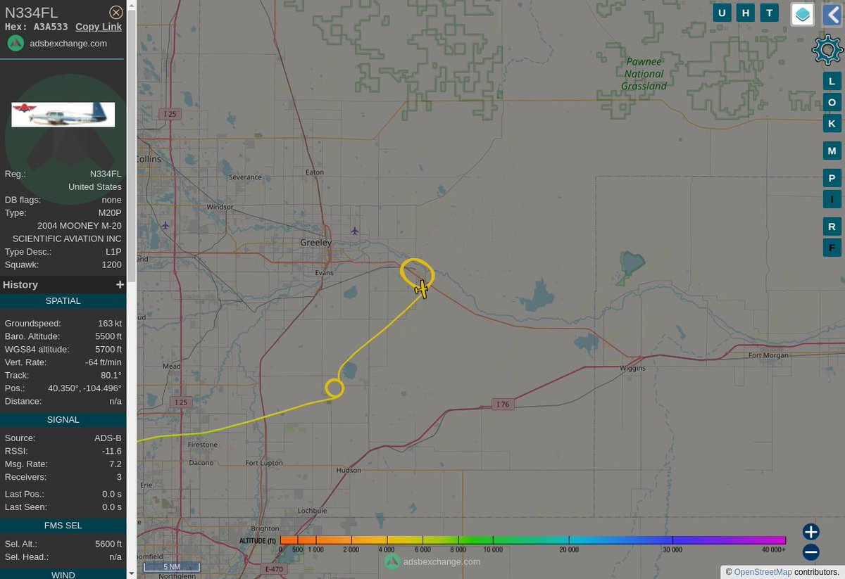 MULTI ADSBX CIRCLING ALERT : At time Tue Jul 18 20:36:02 2023 #N334FL   was likely to be circling at FL48 7nm from DC Buffs_NDB_US
 near Weld County, Colorado, United States #AvGeek #ADSB globe.adsbexchange.com/?icao=A3A533&z…