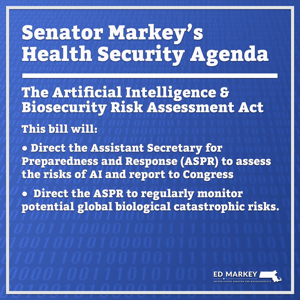 The Artificial Intelligence and Biosecurity Risk Assessment Act would direct the federal government to assess the risks of advancing AI—because it is vital for understanding the impacts of AI on our health and meeting this moment with the urgency that it requires.