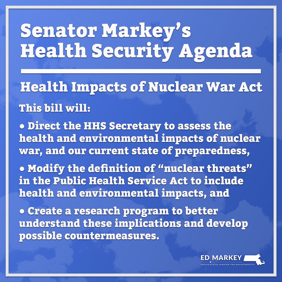 The Health Impacts of Nuclear War Act would direct the federal government to assess the health and environmental impacts of nuclear war. The United States must understand the global and irreversible consequences of nuclear warfare.