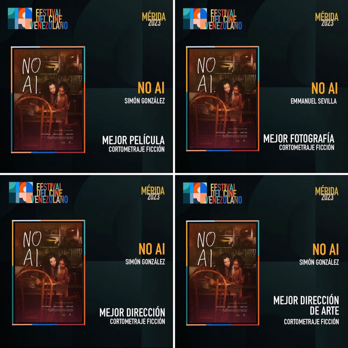 🥳 Ganamos 4 Premios en el <a href="/Fest_CineVzlano/">Festival del Cine Venezolano</a> de Mérida! 🏆Mejor Película 
🏆Mejor Dirección
🏆Mejor Dirección de Arte
🏆Mejor Fotografía

#CortometrajeDeFicción

Felicidades a nuestro director <a href="/SimonAugusto20/">Simón González</a> a nuestro Director de Fotografía @EmmanuelSevill  y a todo el equipo!