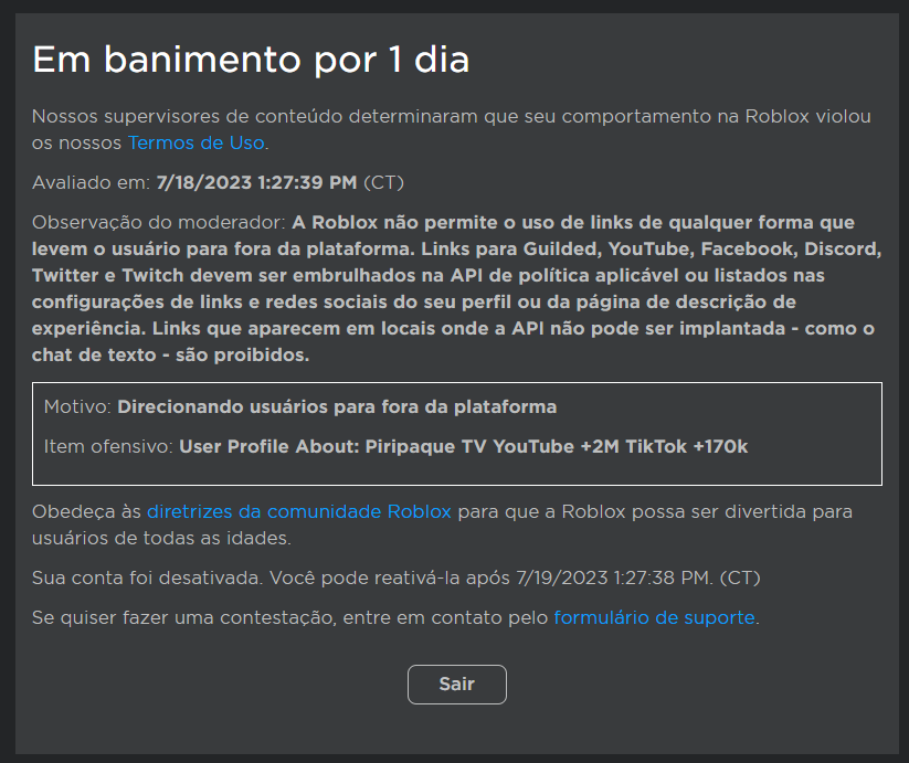 I was banned from Roblox for "use of links that lead the user outside the platform," however, my description doesn't contain any links at all. It only mentions the number of followers I have on video platforms to demonstrate my authority.
#Roblox #RobloxDev #robloxart